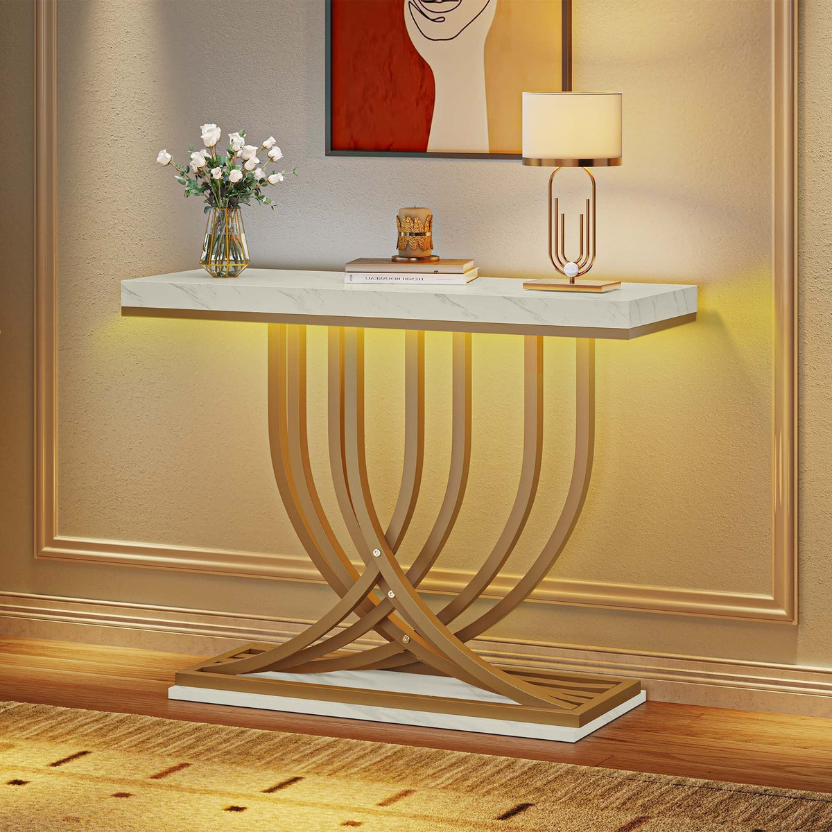Modern Gold Console Table with Marbled Top, Sofa Table for Entryway and Hallway