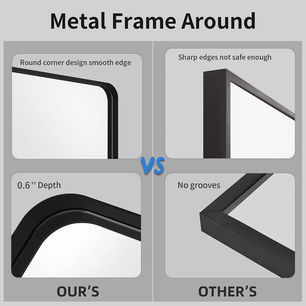 Aluminum Alloy Rounded Corner Vanity Mirror, Modern Wall Mounted Mirror for Bathroom, Bedroom and Home Decor