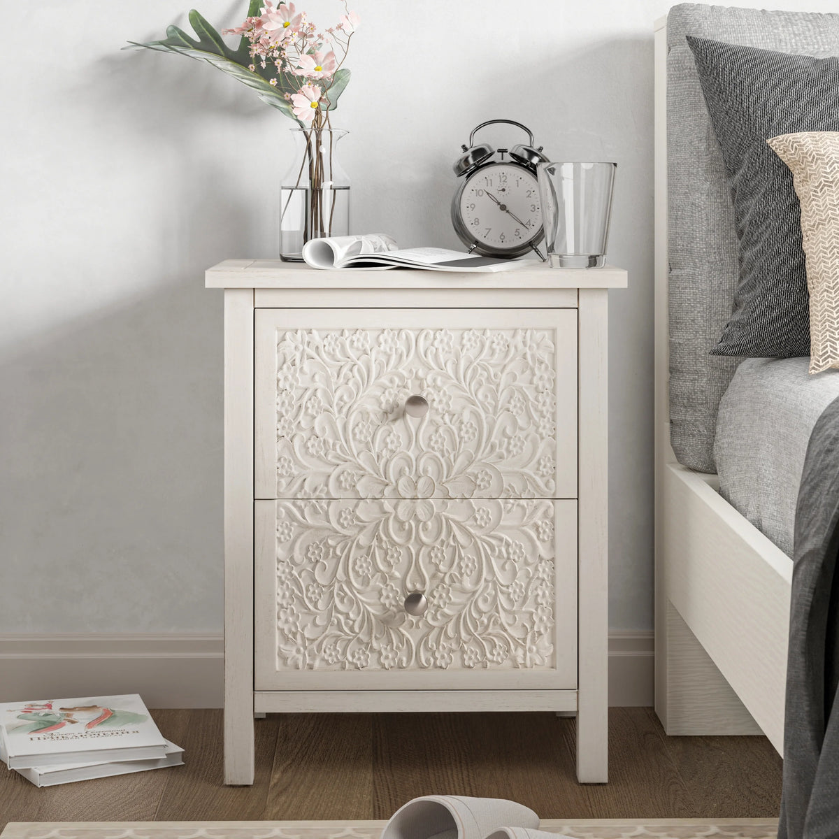Farmhouse Fully Assembled Nightstand with 2 Drawers, Flower Motif End Table for Small Spaces