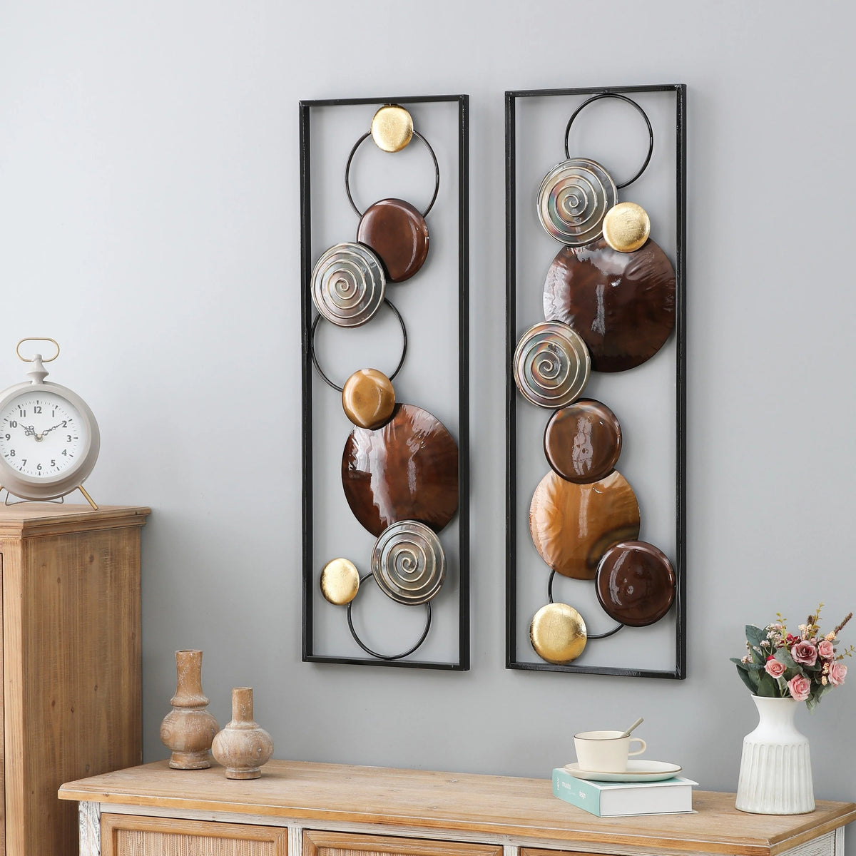 Set of 2 Modern Gold and Brown Metal Wall Decor, Abstract Decorative Wall Art for Living Room, Bedroom and Home Decoration