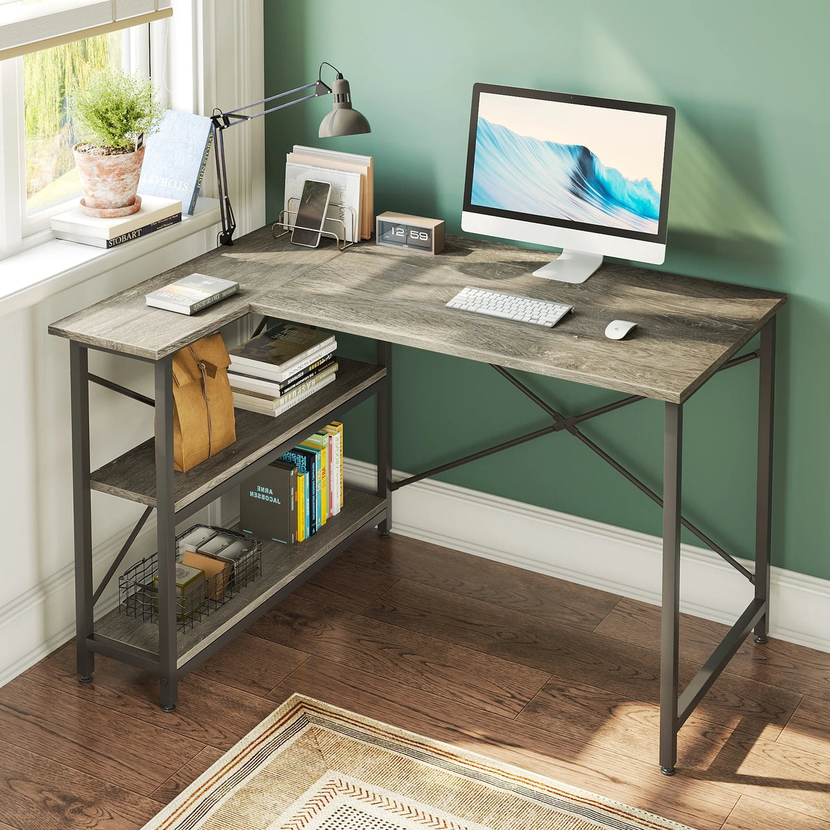 Small L Shaped Computer Desk with Storage Shelves, Compact Corner Workstation for Home Office and Study