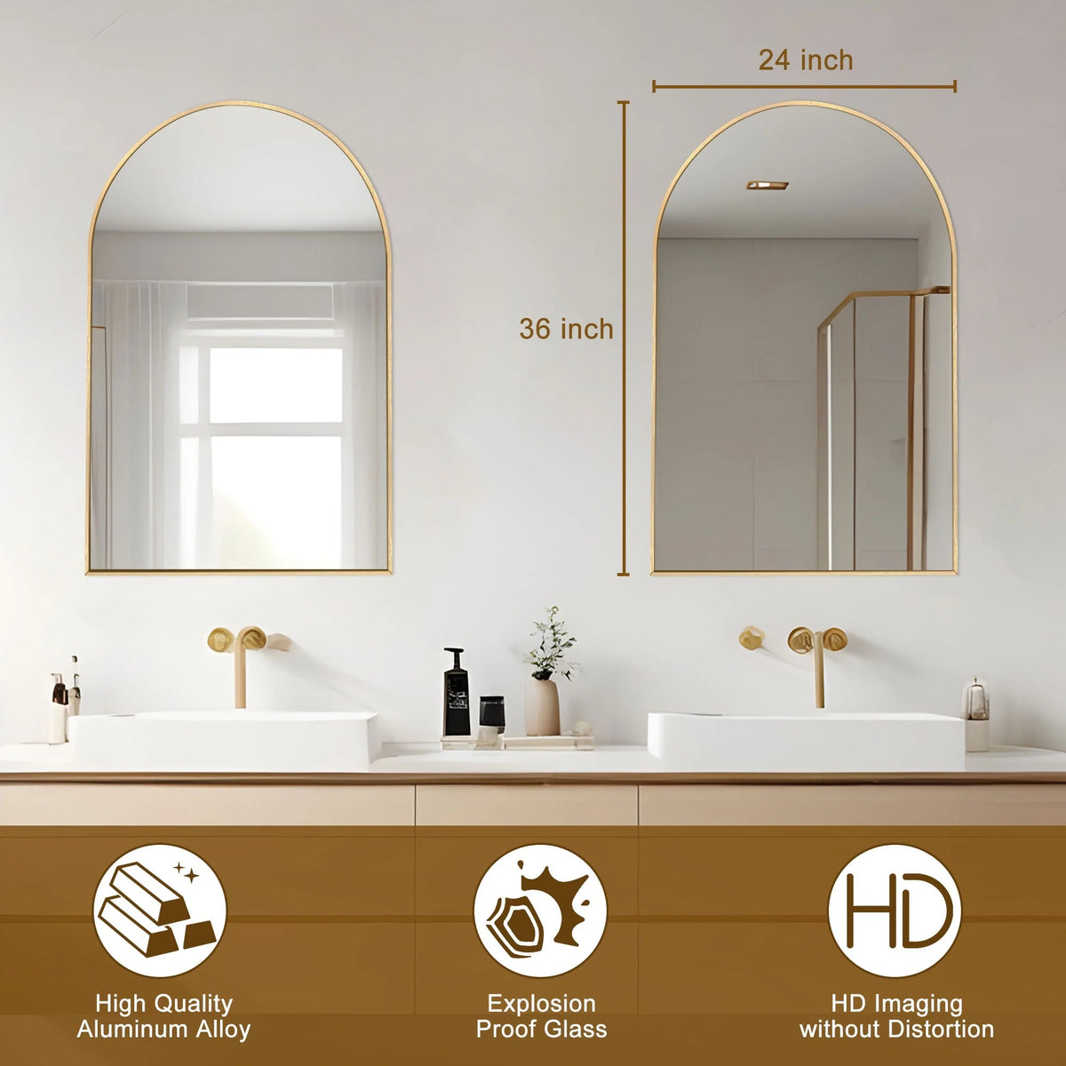 Modern Arch Aluminum Bathroom Wall Mirror, Wall Mounted Vanity Mirror for Bathroom, Bedroom and Home Decor