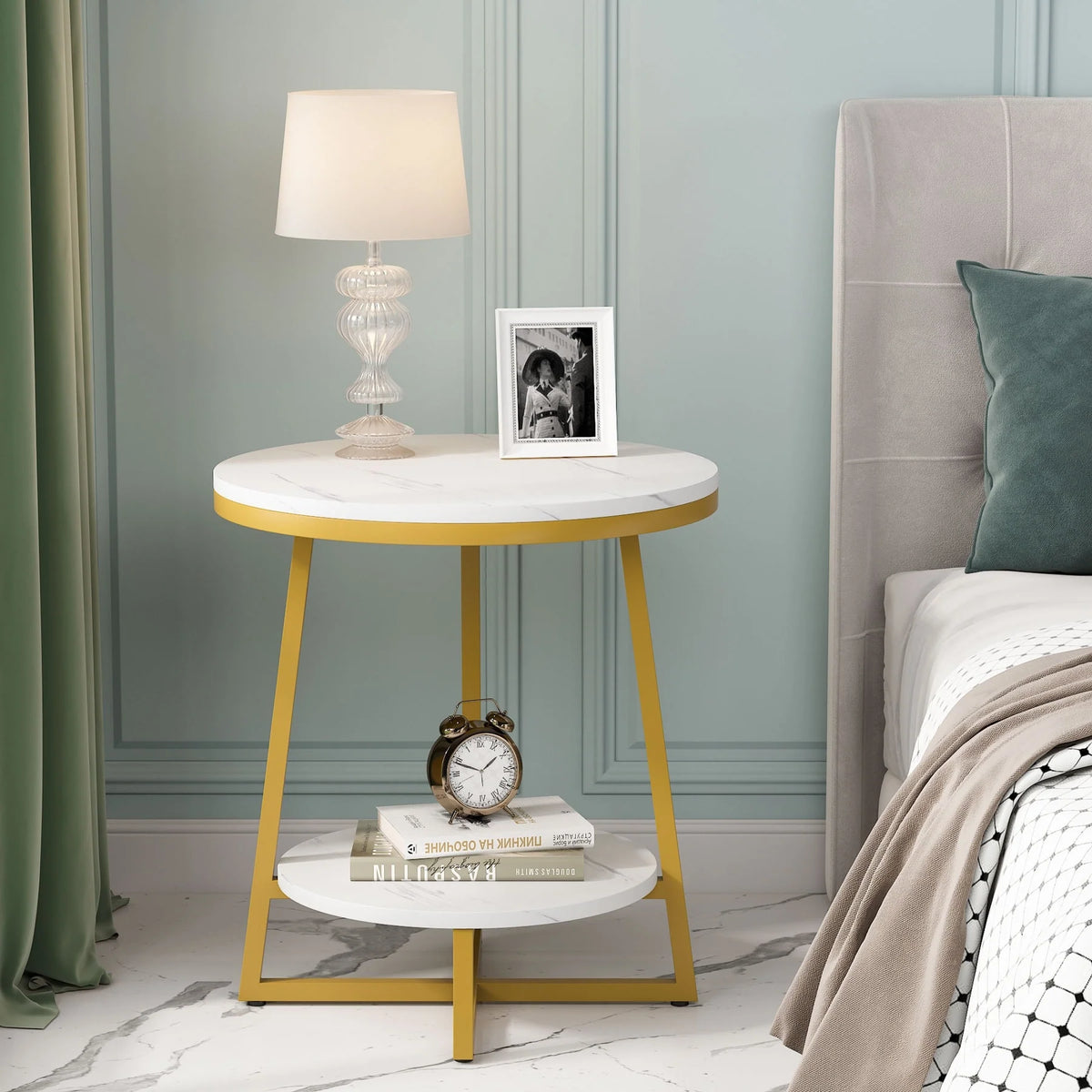 Industrial Round End Table, Small Side Table and Accent Coffee Table for Living Room and Bedroom