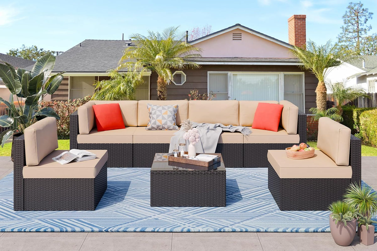 5-Piece All-Weather Patio Furniture Set with Ottoman, Outdoor Wicker Conversation Sofa Set with Cushions for Garden, Deck & Backyard