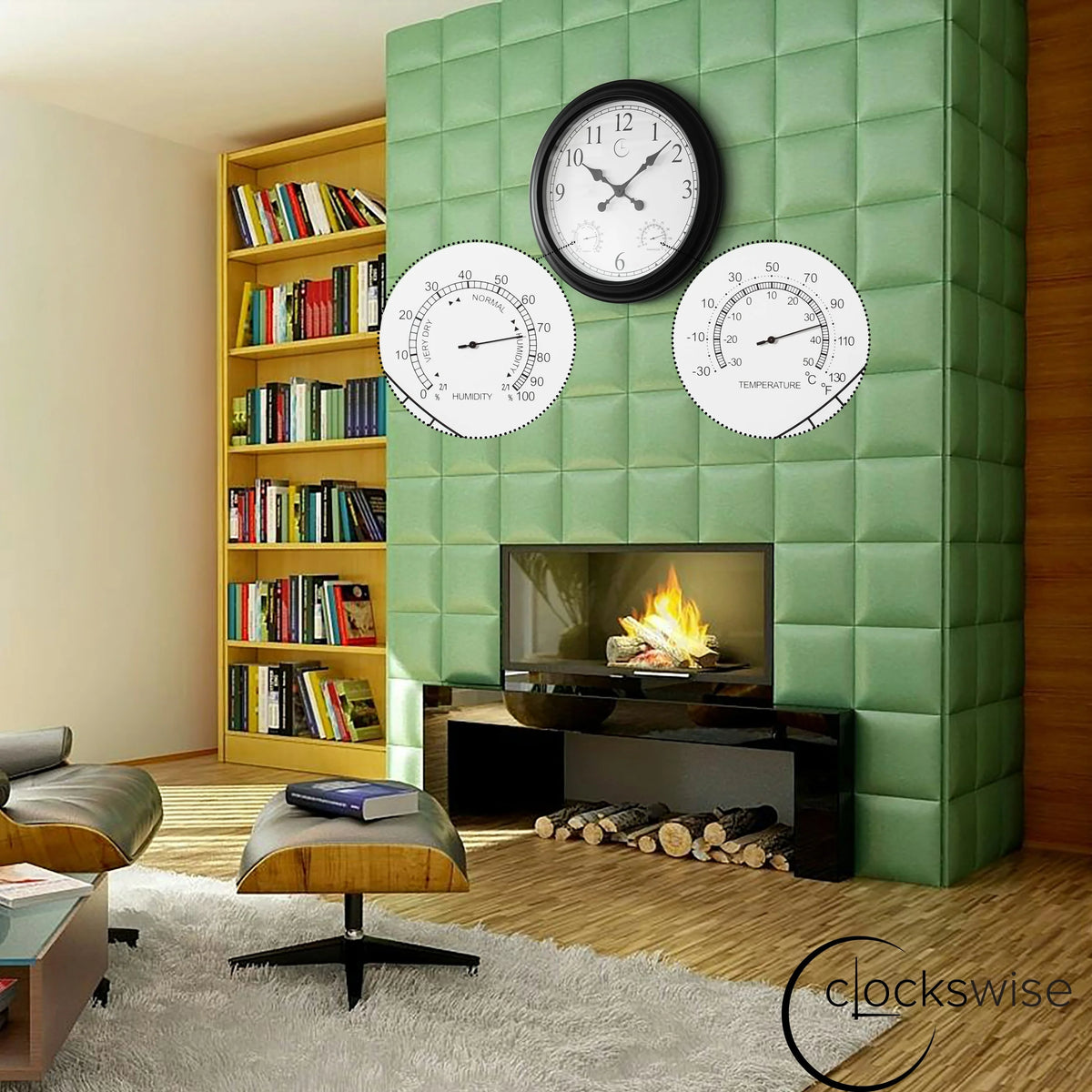 Large Outdoor Wall Clock with Thermometer, Waterproof Silent Garden Weather Station, Black