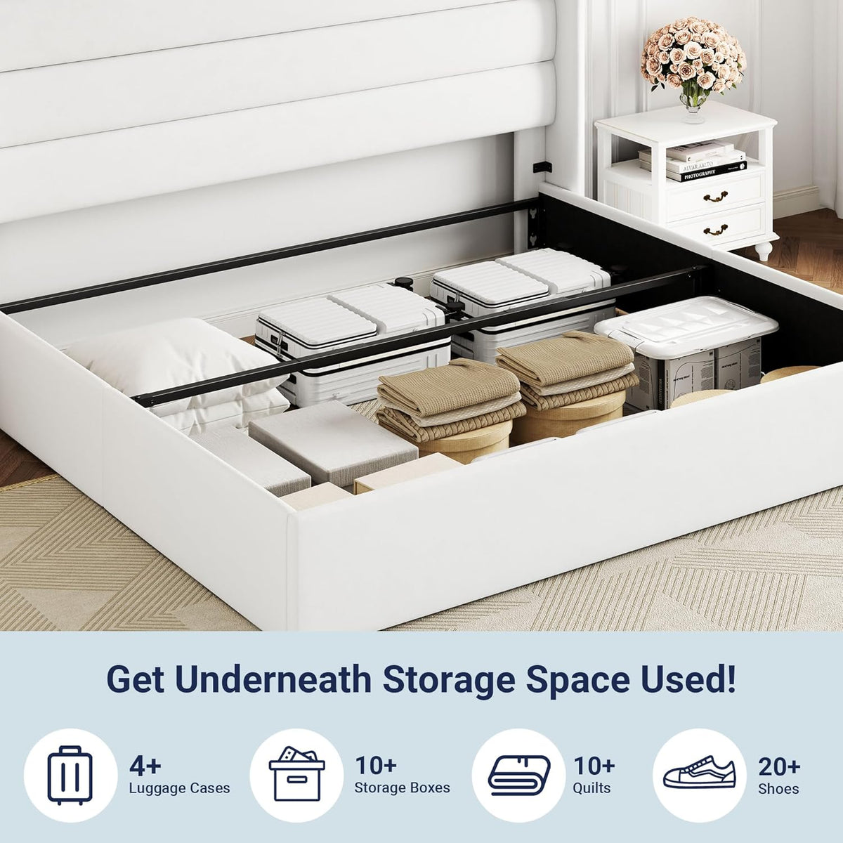 Queen Size Lift Up Storage Bed with Wingback Headboard, Upholstered Platform Bed Frame with Hidden Storage