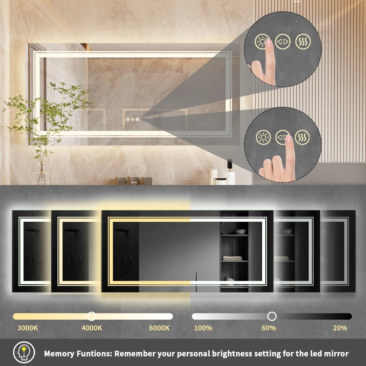 Extra Large LED Lighted Bathroom Mirror, Anti-Fog Wall Mounted Vanity Mirror with 3 Colors