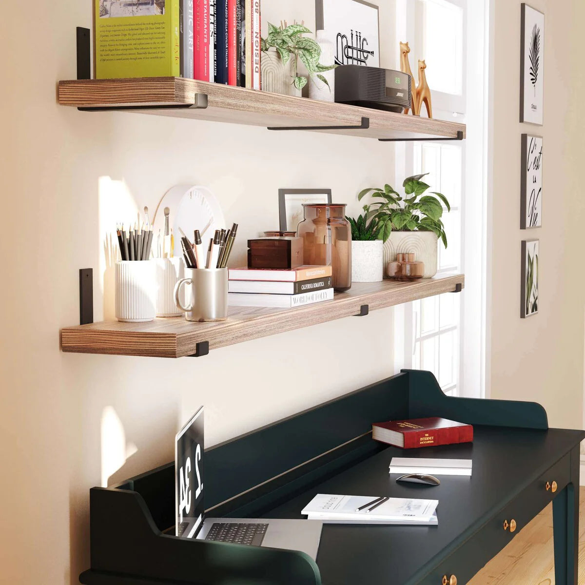 72 Inch Floating Wood Wall Shelves, Set of 2 Burnt Wood Display and Storage Shelves for Home Decor