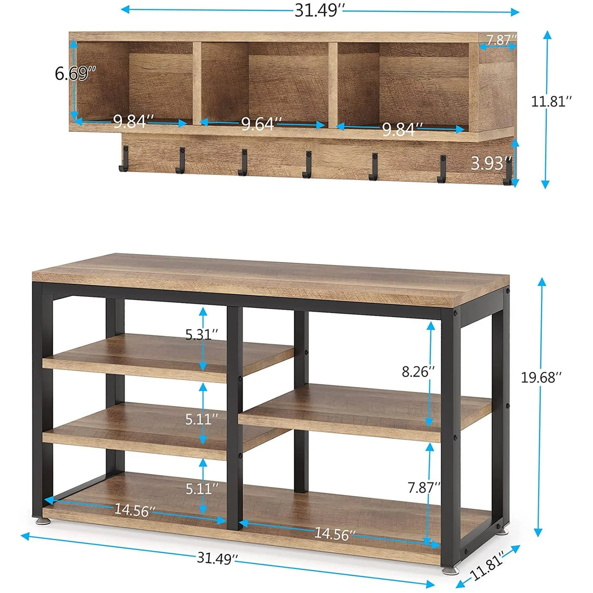 Entryway Coat Rack and Shoe Bench Set, Industrial Hall Tree with Coat and Shoe Storage