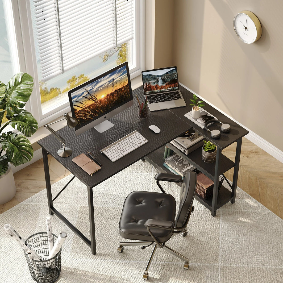 Small L Shaped Computer Desk with Storage Shelves, Compact Corner Workstation for Home Office and Study