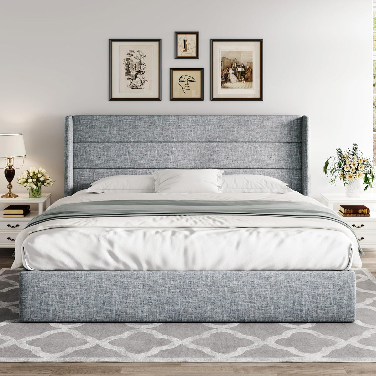 Queen Size Lift Up Storage Bed with Wingback Headboard, Upholstered Platform Bed Frame with Hidden Storage