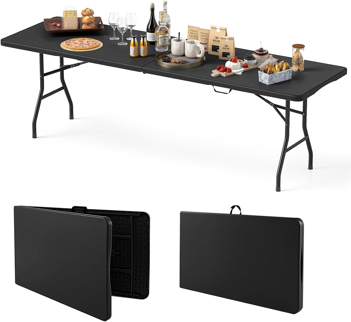 8FT Folding Table 350LBS �� Heavy Duty Plastic Table with HDPE Top & Handle