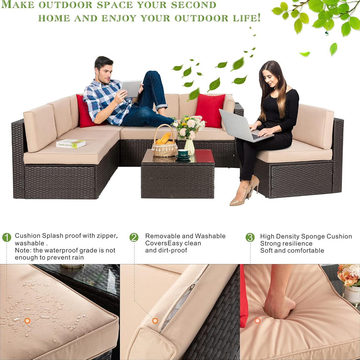 5-Piece All-Weather Patio Furniture Set with Ottoman, Outdoor Wicker Conversation Sofa Set with Cushions for Garden, Deck & Backyard