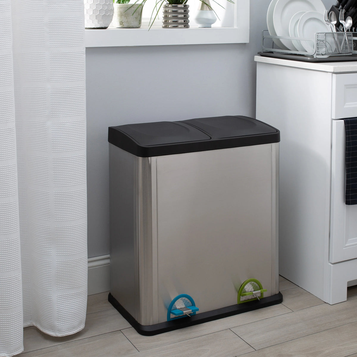 60L 2 Compartment Stainless Steel Recycling Bin, Dual Section Trash Sorter Container for Kitchen, Home & Office