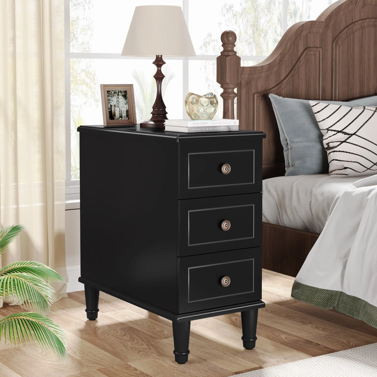 Fully Assembled Narrow End Table, Solid Wood Side Table with 3 Drawers, Vintage Nightstand for Small Spaces