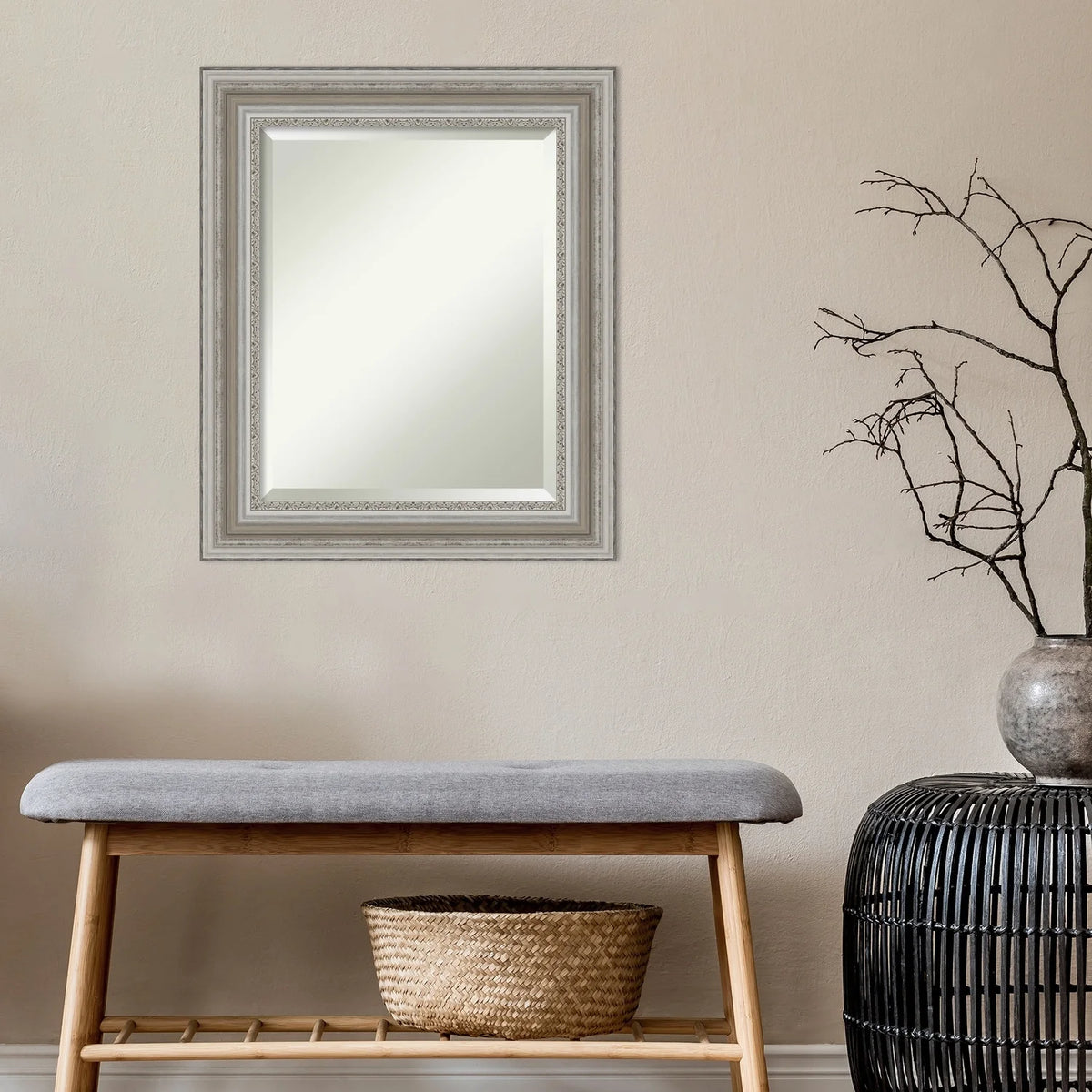 Beveled Bathroom Wall Mirror, Silver Frame Decorative Vanity Mirror for Bathroom, Bedroom and Entryway
