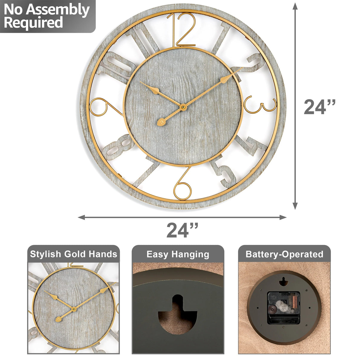 24 Inch Round Wooden Wall Clock, Modern Analog Clock with Numeral Design, Battery Operated