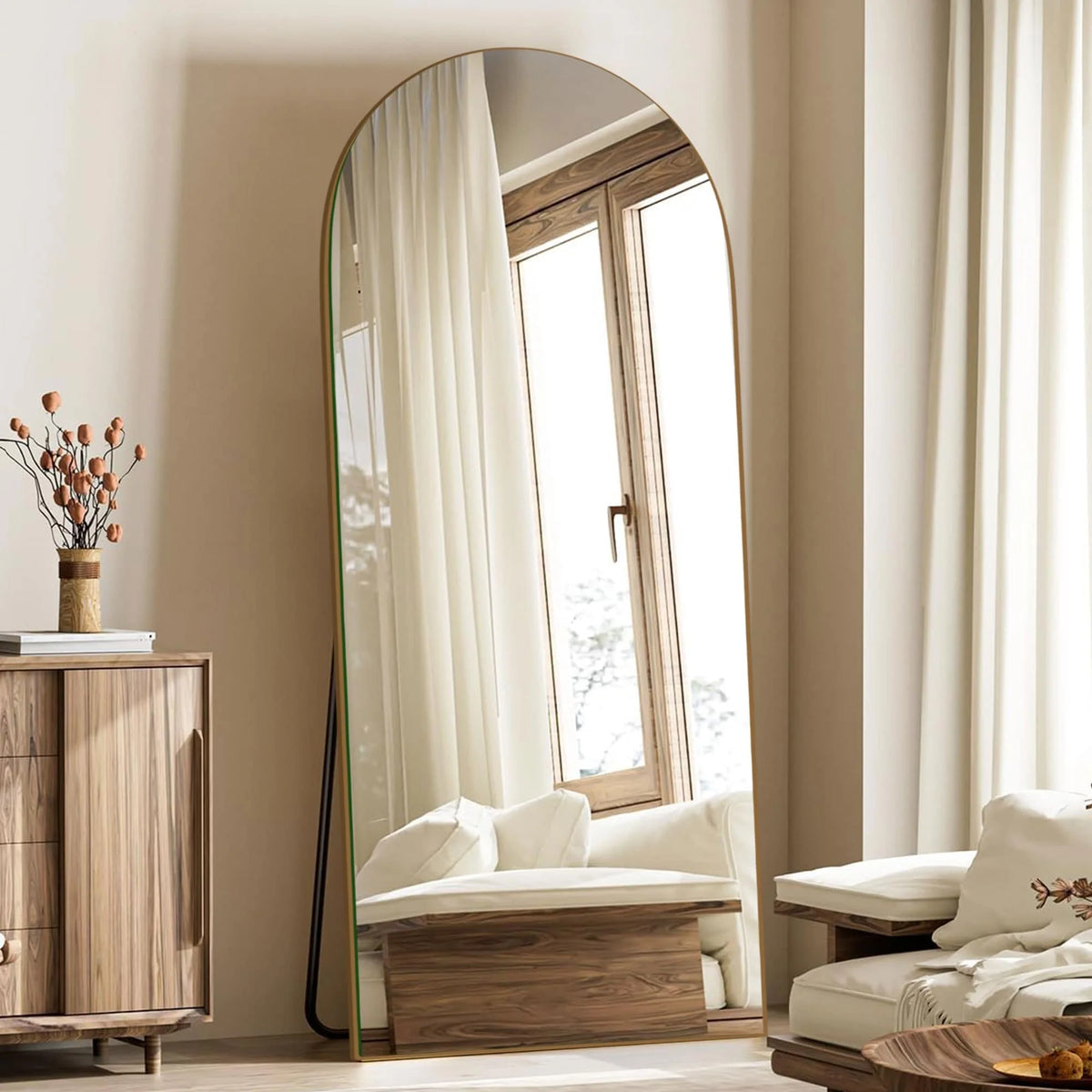Arched Full Length Wood Floor Mirror, Full Body Standing and Wall Mounted Mirror for Bedroom, Living Room and Home Decor