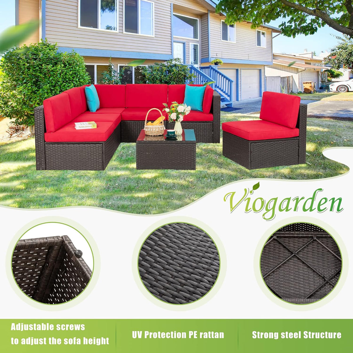 5-Piece All-Weather Patio Furniture Set with Ottoman, Outdoor Wicker Conversation Sofa Set with Cushions for Garden, Deck & Backyard