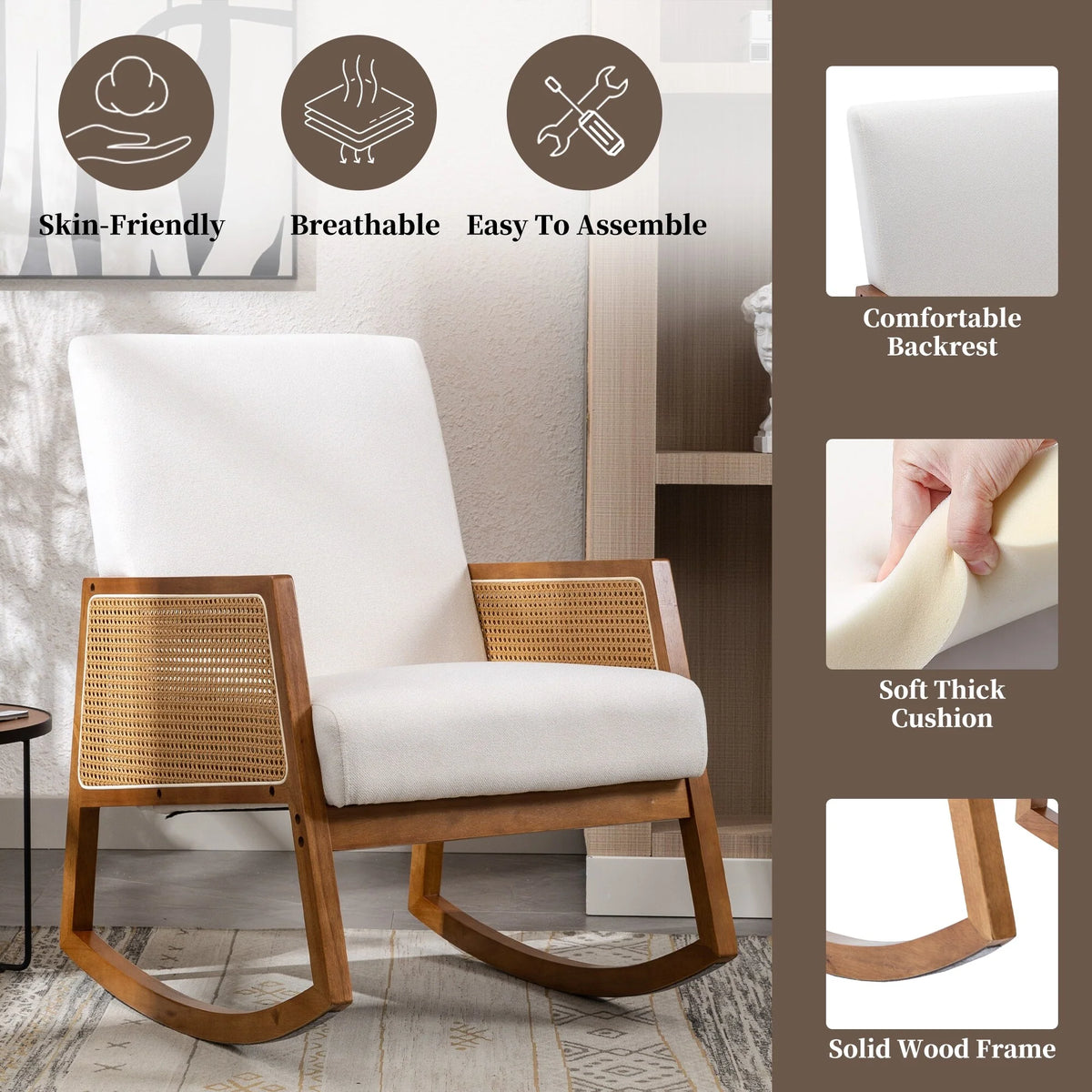 Upholstered Tall Back Rocking Chair, Smooth Gliding Accent Armchair for Comfortable Living Room Seating