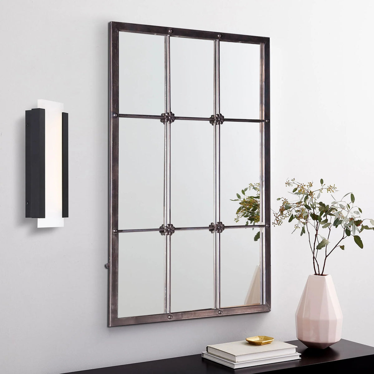 Rustic Brown Windowpane Wall Mirror with Metal Frame, 37.75" H x 23.8" W