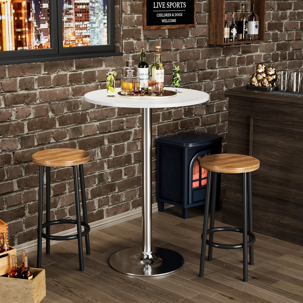 Round Bistro Pub Table, Bar Height Cocktail Table with Metal Base and MDF Top, 23.8 Inch