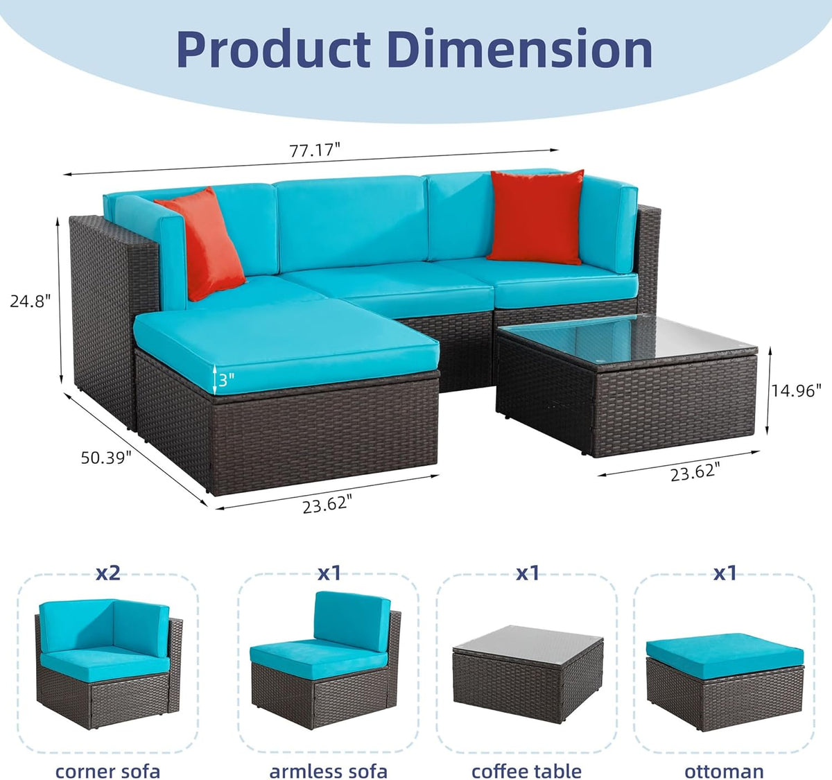 5-Piece All-Weather Patio Furniture Set with Ottoman, Outdoor Wicker Conversation Sofa Set with Cushions for Garden, Deck & Backyard