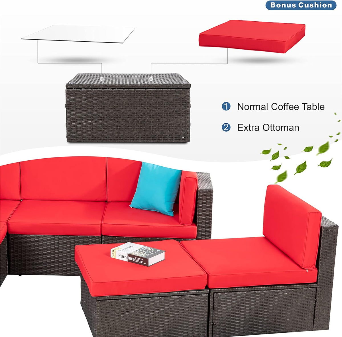 5-Piece All-Weather Patio Furniture Set with Ottoman, Outdoor Wicker Conversation Sofa Set with Cushions for Garden, Deck & Backyard