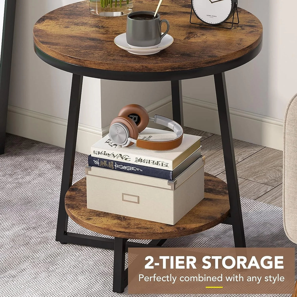 Industrial Round End Table, Small Side Table and Accent Coffee Table for Living Room and Bedroom