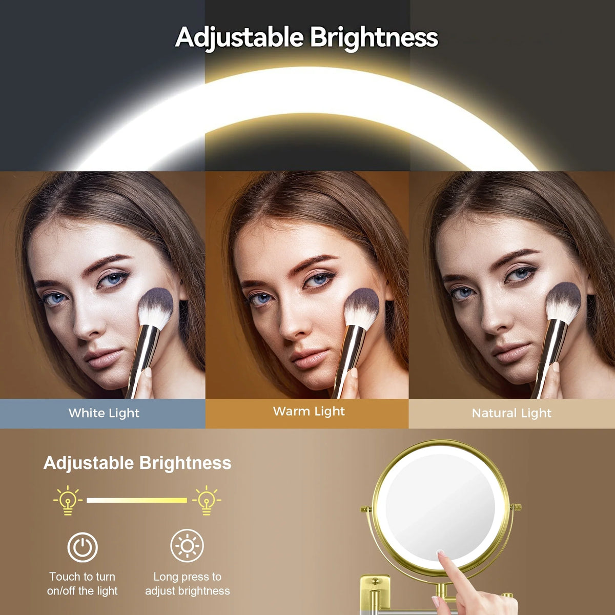 8 Inch Round Wall Mounted Makeup Mirror, Rechargeable, 1X/10X Magnification, 3-Color LED Lights