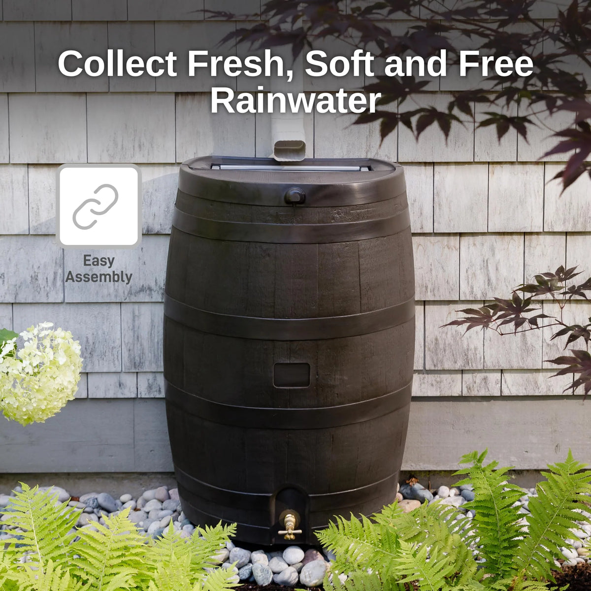 50 Gallon Rain Barrel with Brass Spigot, Walnut Rainwater Collection Barrel for Garden and Outdoor Use