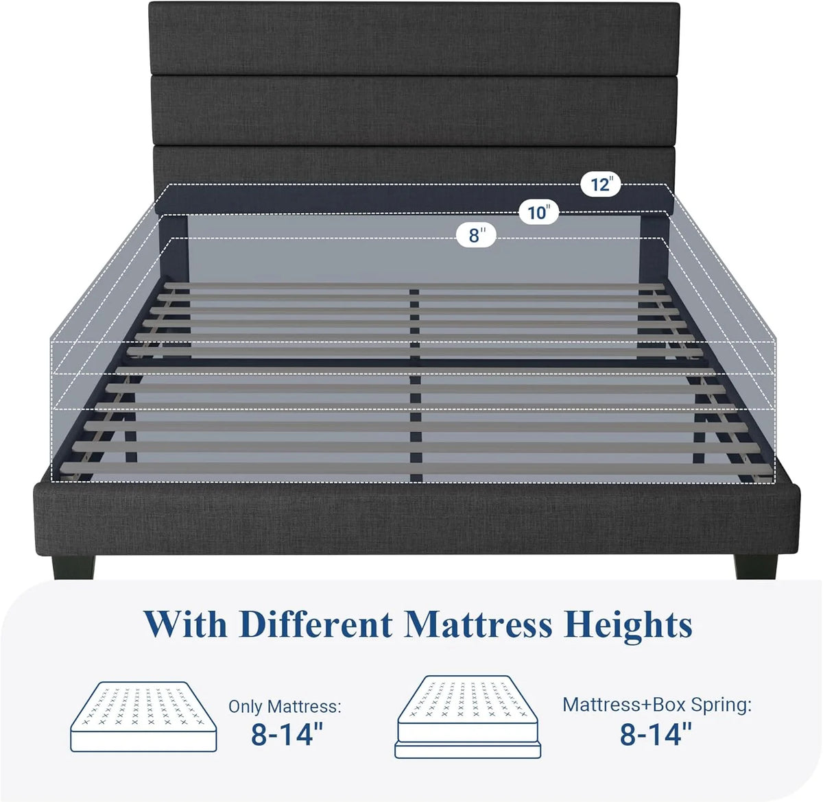 Queen Size Upholstered Platform Bed Frame, Dark Gray Fabric Bed with Headboard for Bedroom