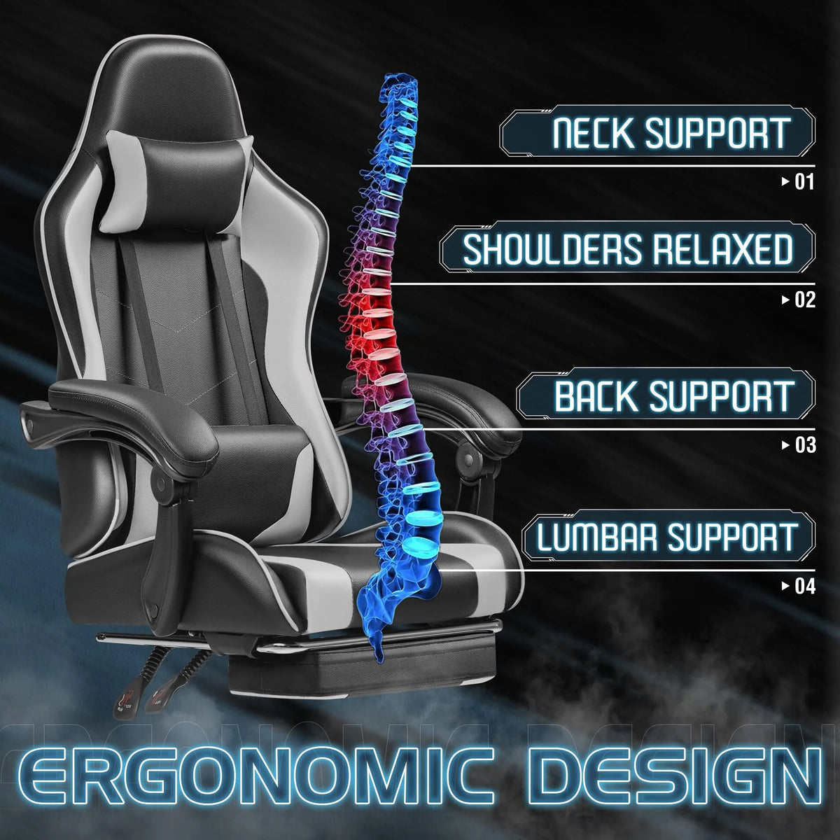 Ergonomic Gaming Chair with Footrest and Massage Support, Reclining Computer Chair for Gaming Room and Home Office