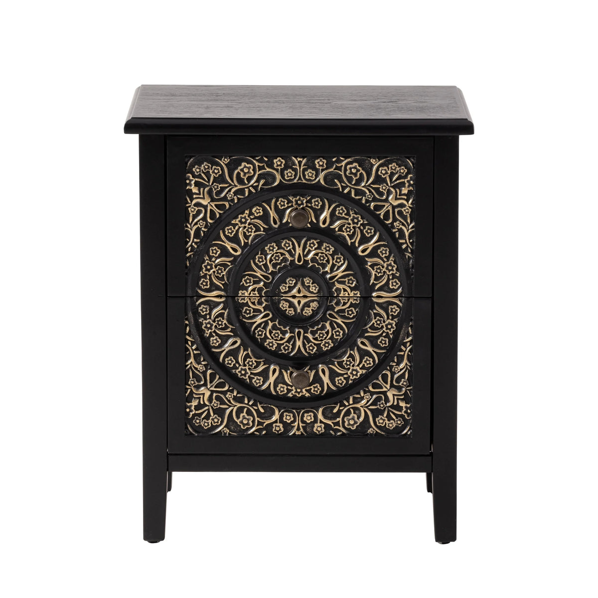 Farmhouse Fully Assembled Nightstand with 2 Drawers, Flower Motif End Table for Small Spaces