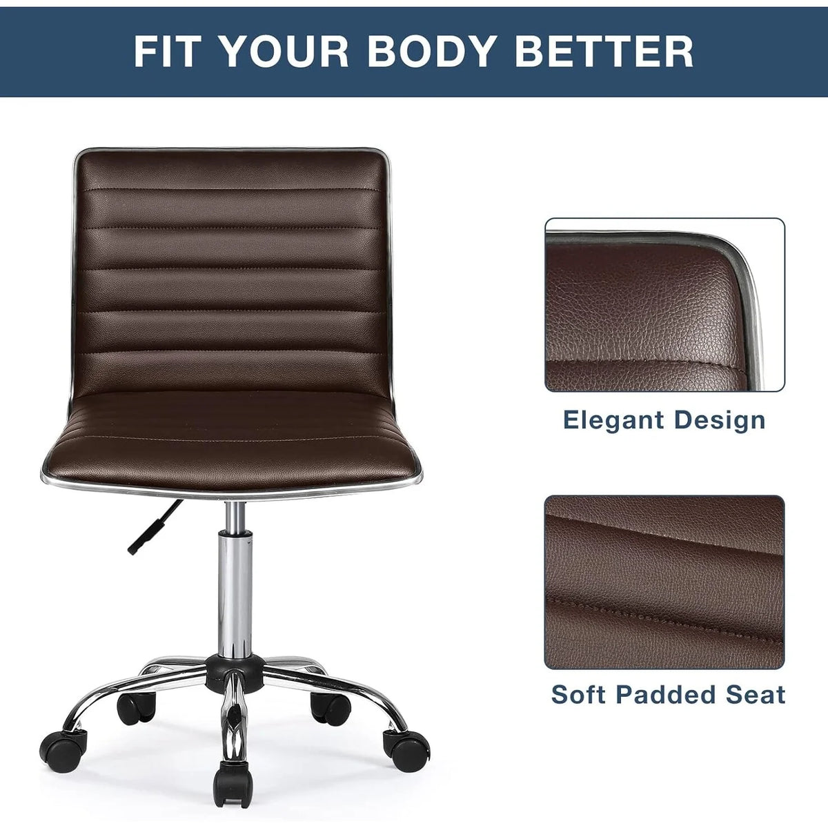 Adjustable Mid-Back Armless Swivel Office Chair, Ribbed Task and Vanity Chair for Small Spaces
