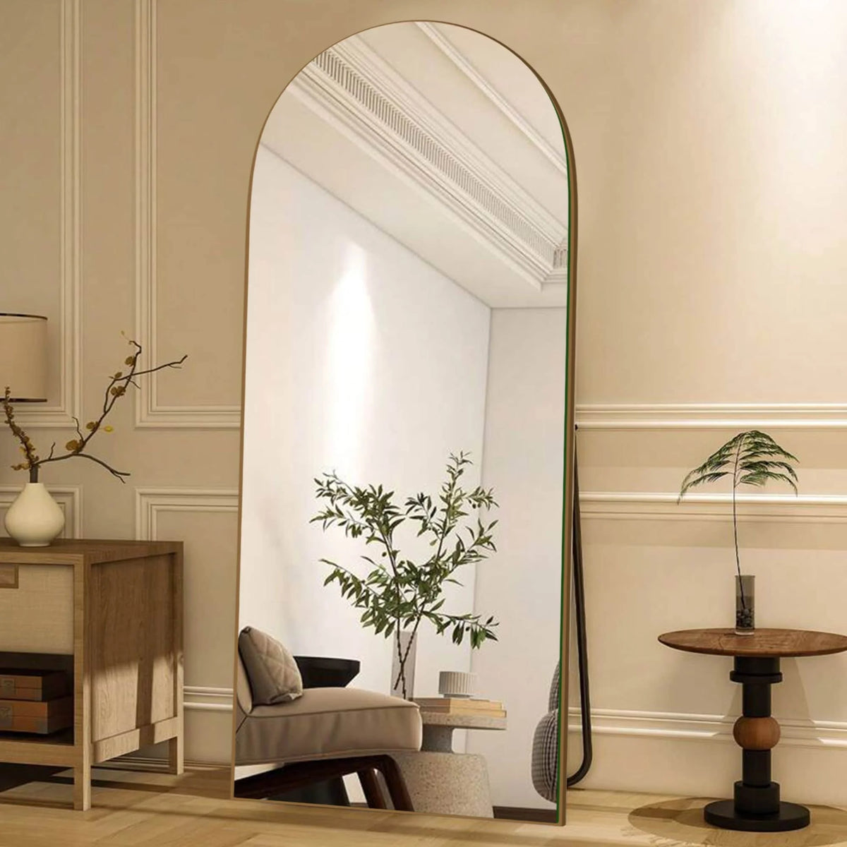 Arched Full Length Wood Floor Mirror, Full Body Standing and Wall Mounted Mirror for Bedroom, Living Room and Home Decor