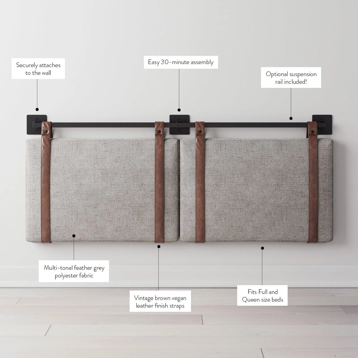 Wall Mount Upholstered Headboard with Metal Rail - Modern Bedroom Headboard