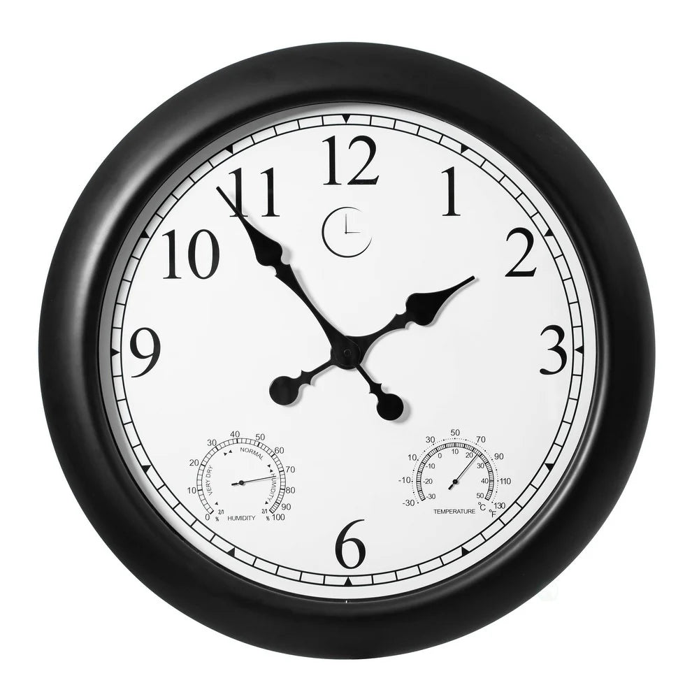 Large Outdoor Wall Clock with Thermometer, Waterproof Silent Garden Weather Station, Black