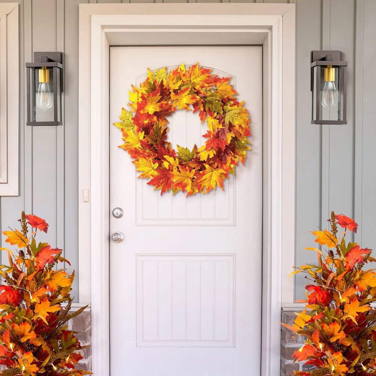 Thanksgiving LED Lighted Fall Maple Leaf Wreath and Garland - Autumn Home Decor