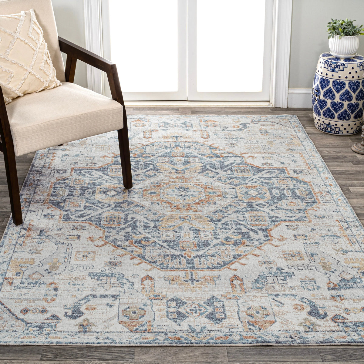 Bohemian Medallion Low-Pile Machine-Washable Area Rug, Cream and Terra
