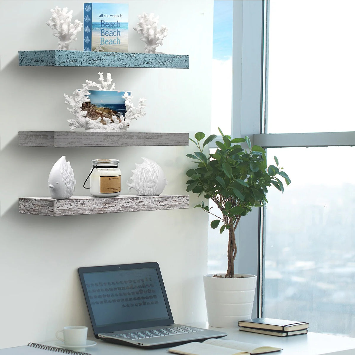 3-Pack Rustic Wood Floating Wall Shelves, Beach Style Hanging Display and Storage Shelves
