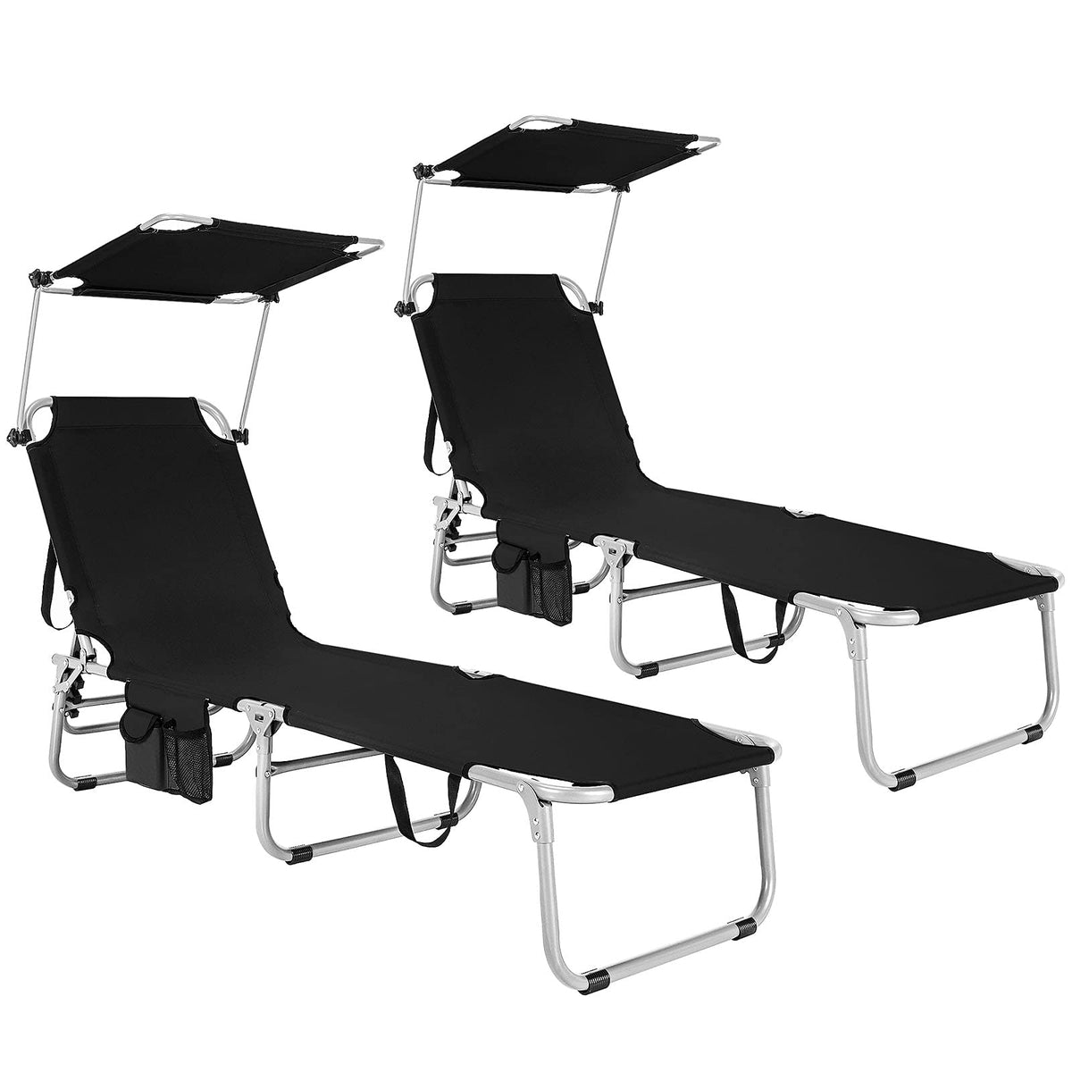 Folding Lounge Chair with Canopy �� Shade Chair with Storage Pocket
