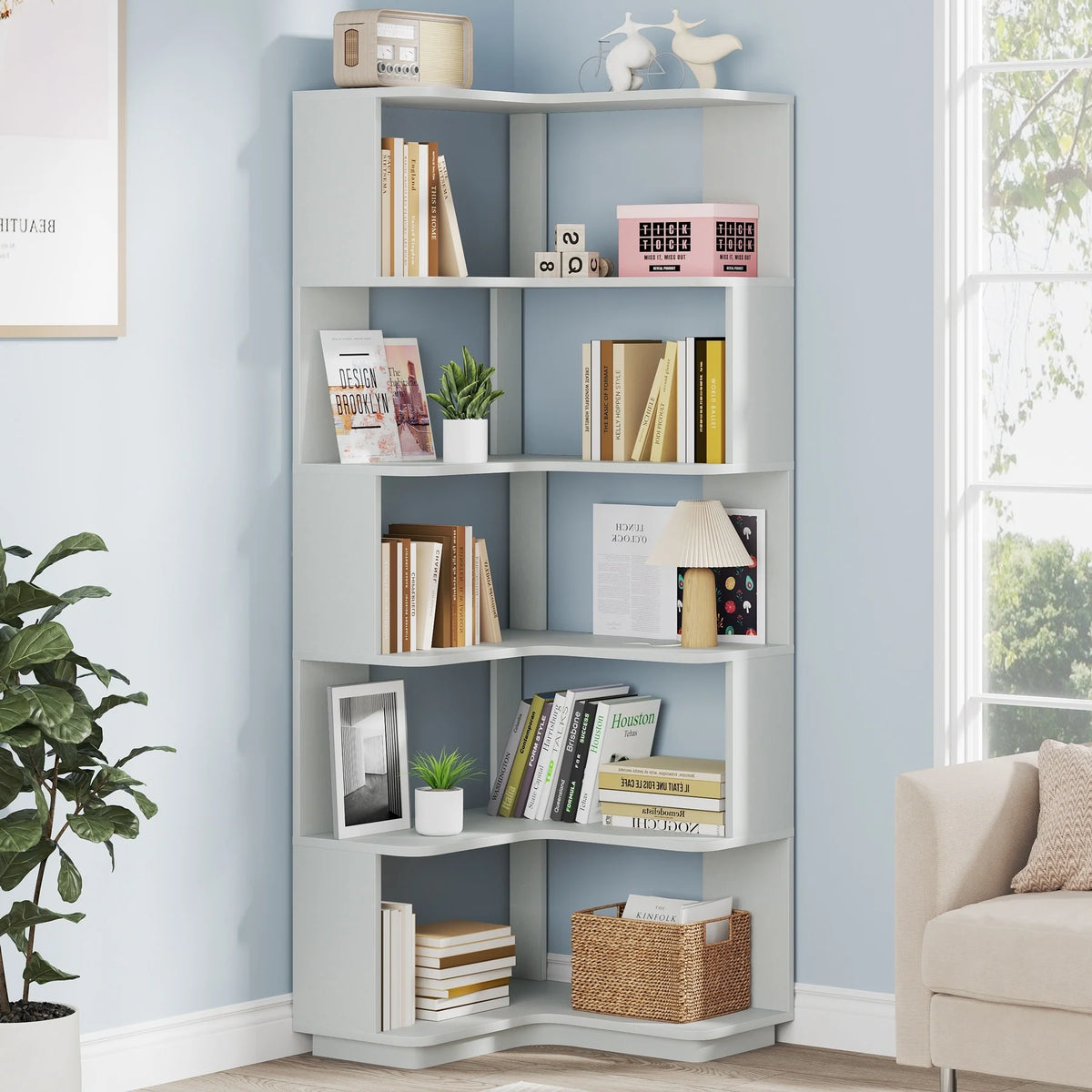 64.9 Inch Tall 6-Tier Corner Bookshelf, Freestanding Wood Industrial Bookcase