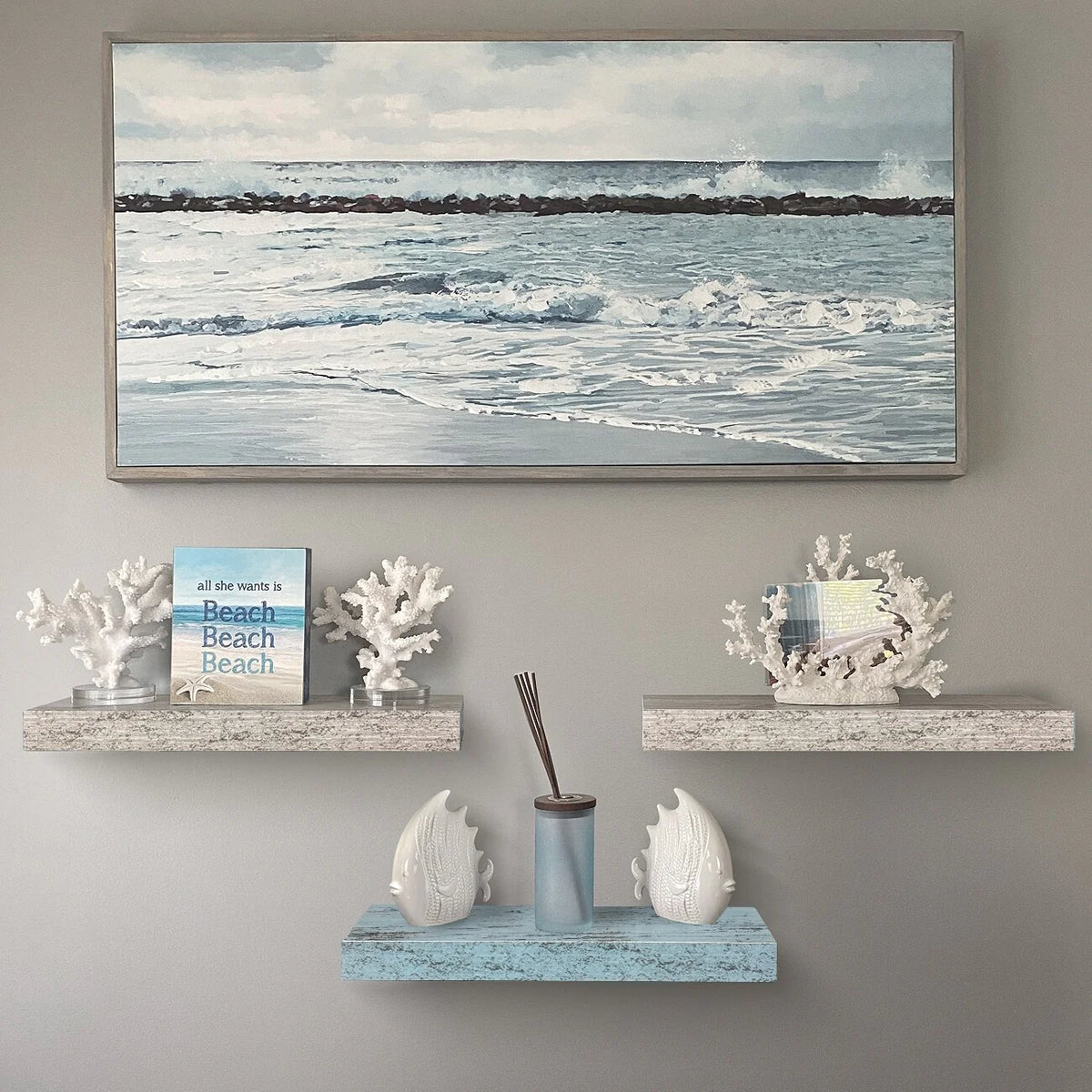 3-Pack Rustic Wood Floating Wall Shelves, Beach Style Hanging Display and Storage Shelves