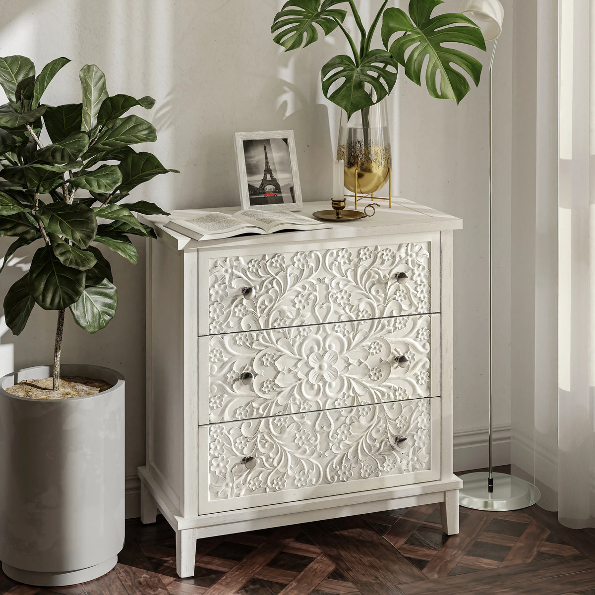 Farmhouse Fully Assembled Nightstand with 2 Drawers, Flower Motif End Table for Small Spaces