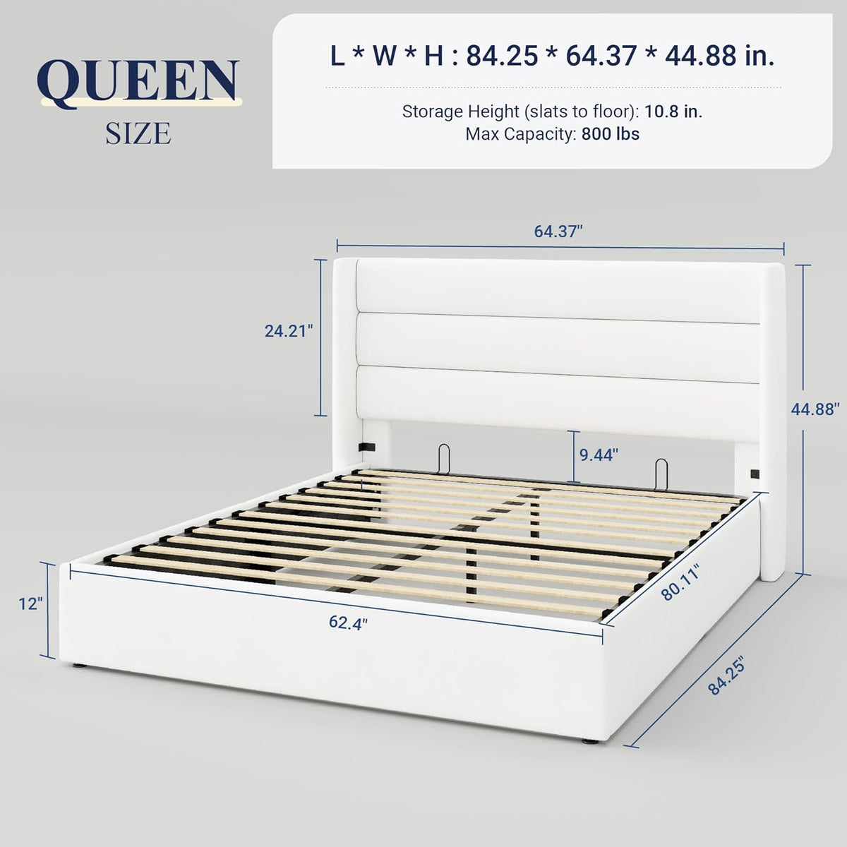 Queen Size Lift Up Storage Bed with Wingback Headboard, Upholstered Platform Bed Frame with Hidden Storage