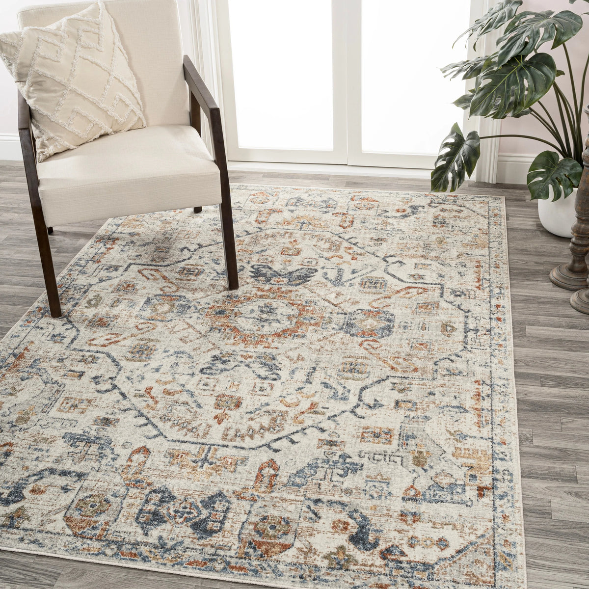 Bohemian Medallion Low-Pile Machine-Washable Area Rug, Cream and Terra