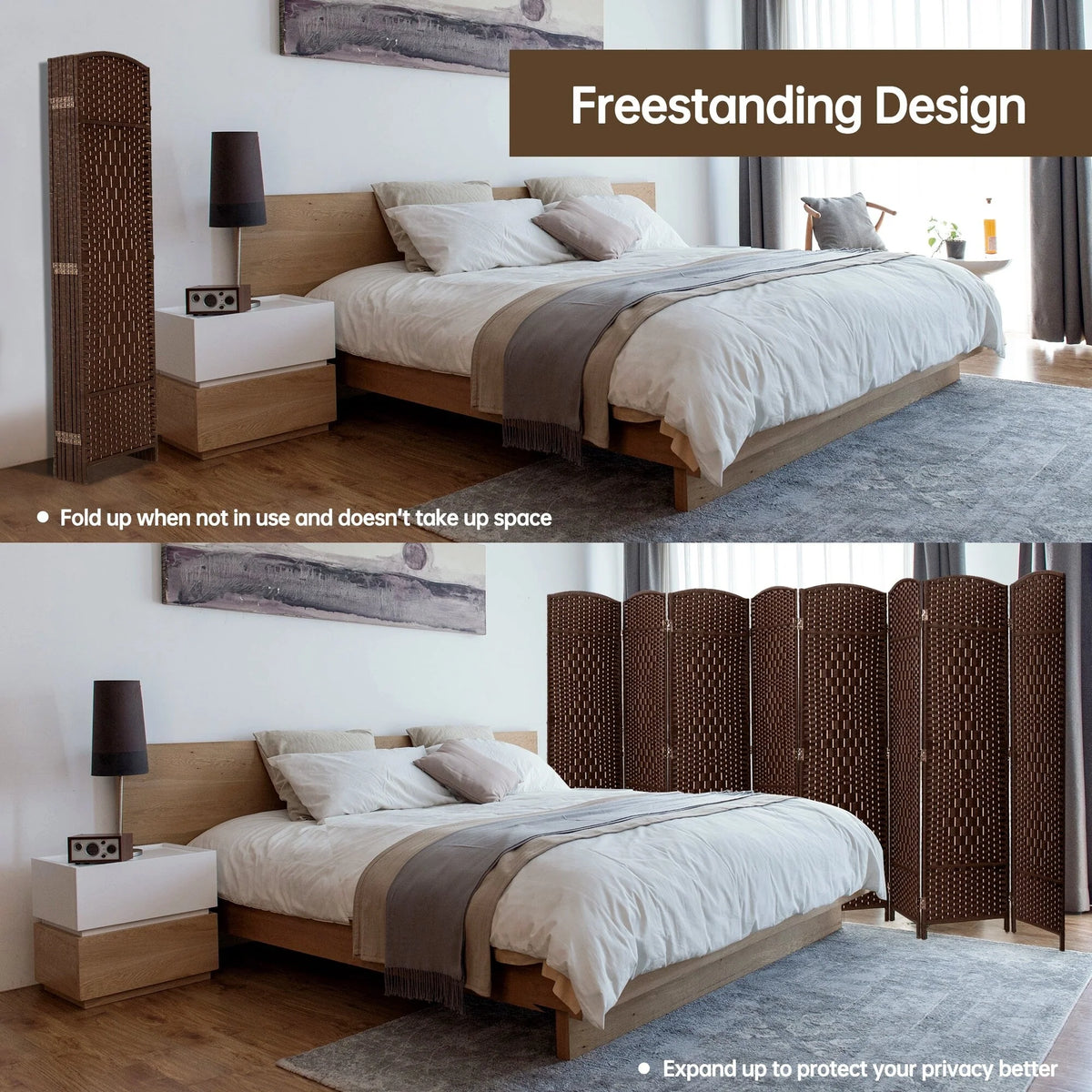 6 FT Tall Woven Fiber Room Divider, Freestanding Folding Privacy Screen