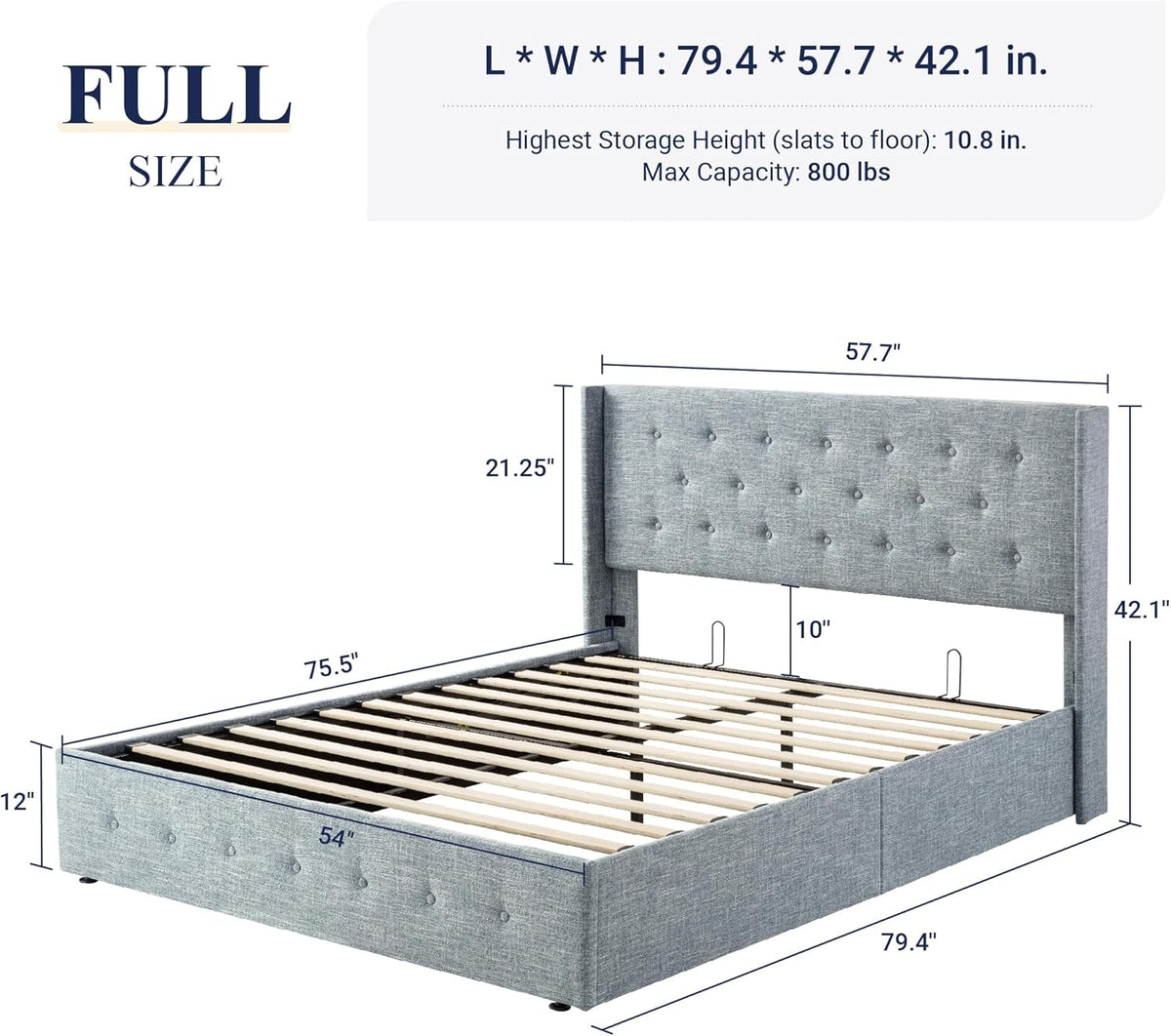 Queen Size Lift Up Storage Bed with Wingback Headboard, Upholstered Platform Bed Frame with Hidden Storage
