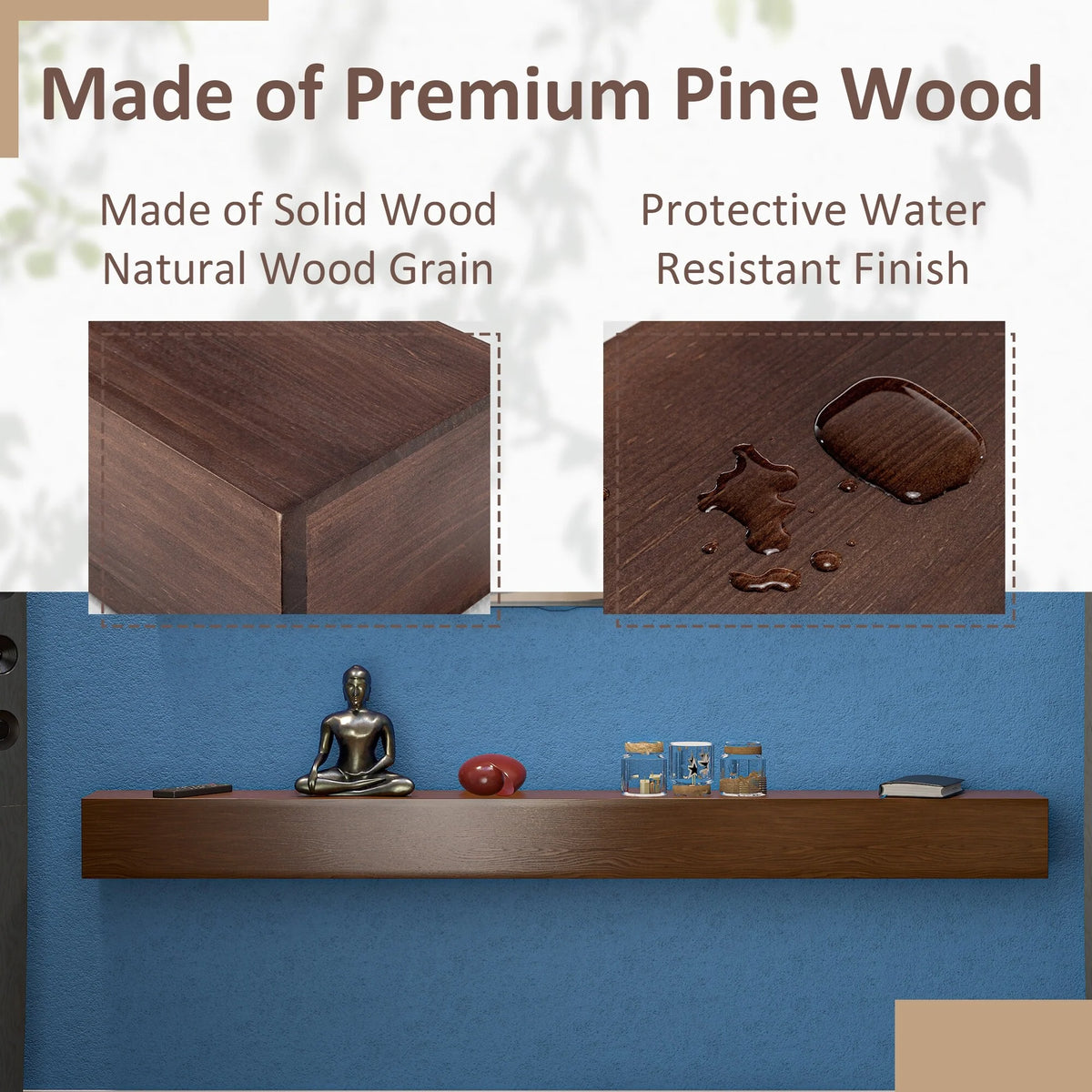 72 Inch Solid Pine Fireplace Mantel, Wall Mounted Floating Shelf in Brown